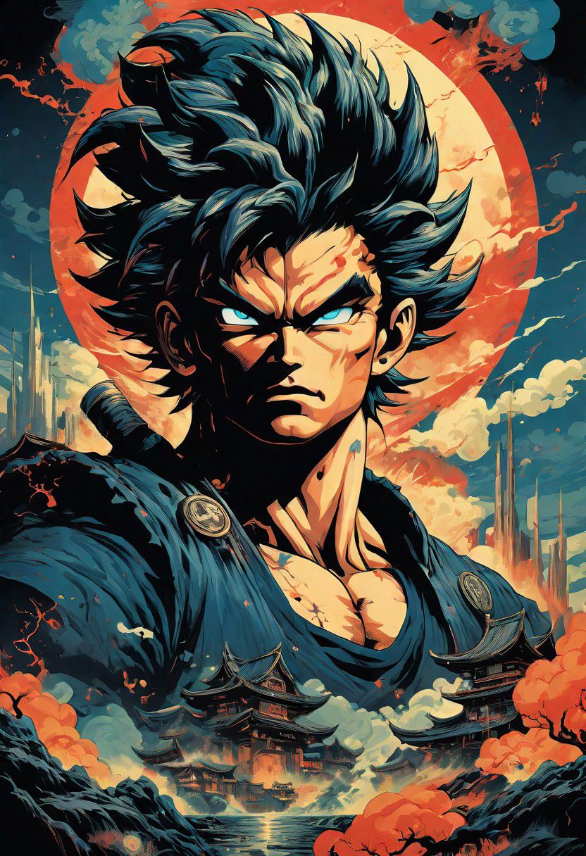 Anime illustration inspired by the four elements of nature, reminiscent of the style of James Jean, the iconic Goku from Dragon Ball navigates a port city setting, depicted in a poster format akin to the detailed atmospheric portraits of John Pitre, combining elements of deathcore and biopunk horror art. The dark and intricate scene unfolds with unique illustrations and precisionist oil painting techniques, incorporating airbrushed mystical landscapes and intricate psychedelic details, all in a palette of dark azure and red, evoking a witchcore aesthetic.