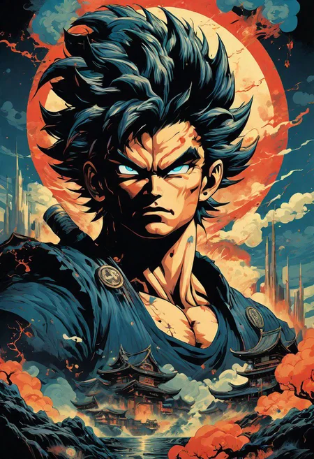 Anime illustration inspired by the four elements of nature, reminiscent of the style of James Jean, the iconic Goku from Dragon Ball navigates a port city setting, depicted in a poster format akin to the detailed atmospheric portraits of John Pitre, combining elements of deathcore and biopunk horror art. The dark and intricate scene unfolds with unique illustrations and precisionist oil painting techniques, incorporating airbrushed mystical landscapes and intricate psychedelic details, all in a palette of dark azure and red, evoking a witchcore aesthetic.