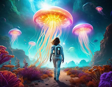 cinematic film still light particles flowing, woman astronaut in space suit, vibrant colorful exotic alien world, colorful huge plants and nature, (multiple flying glowing jellyfish), glowing light, shallow depth of field, vignette, highly detailed, high budget Hollywood film, cinemascope, moody, epic, gorgeous, ethereal fantasy concept art of light particles flowing, woman astronaut in space suit, vibrant colorful exotic alien world, colorful huge plants and nature, (multiple flying glowing jellyfish), glowing light, magnificent, celestial, ethereal, painterly, epic, majestic, magical, fantasy art, cover art, dreamy