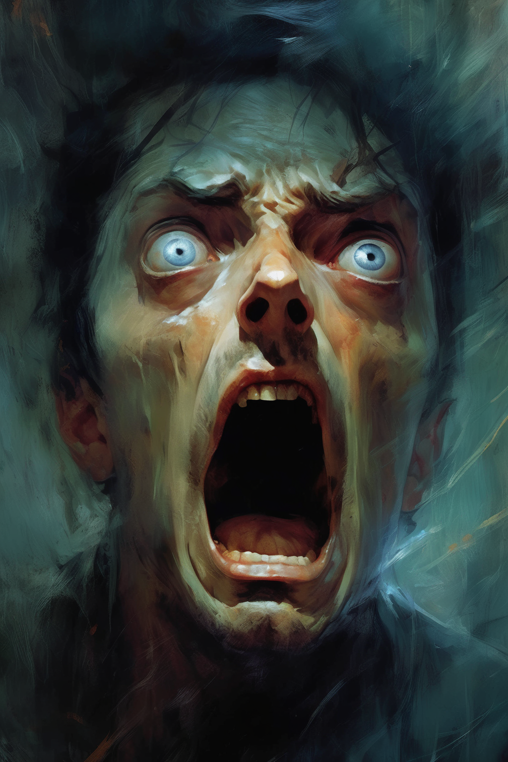 <lora:Sam Spratt Style:1>Sam Spratt Style - Another possible image could be a close-up of a character's face, with eyes wide and mouth agape in terror. The background could be blurred or obscured, leaving the viewer to wonder what is causing the character's fear.