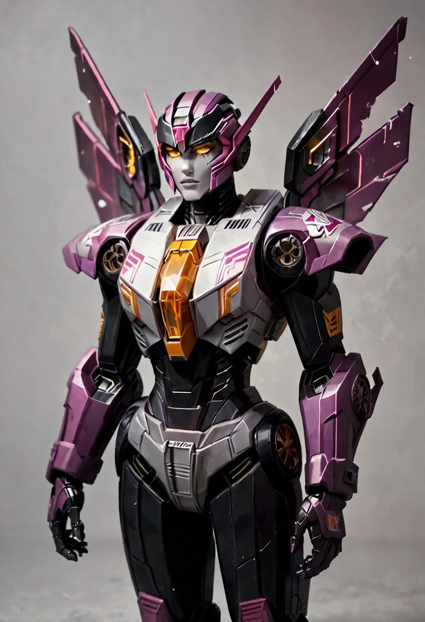 score_9_up, score_8_up, score_7_up,score_6_up, rating_safe, style_comics, transformers g1, ((decepticon))), transformers, starscream, robot with jet wings, green crystal in middle of chest, fans on sides of chest, vents on sides of head, black and purple, model pose,