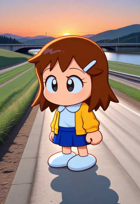 1girl,solo,masterpiece,best quality,jikkyou powerful pro yakyuu (style),flat clor,(rayman limbs:1.5),
<lora:karasawa_hinako_pawapoke_v1_IL:0.8>,karasawa hinako,power pro kun pocket,black eyes,tareme,brown hair,short bangs,medium hair, hairclip, yellow cardigan,white shirt,long sleeves,(no mouth:1.3),no nose,(chibi only:1.3),
expressionless,outdoors,sunset,open cardigan,river,photo background,full body,hill,road,dirt road,overpass,