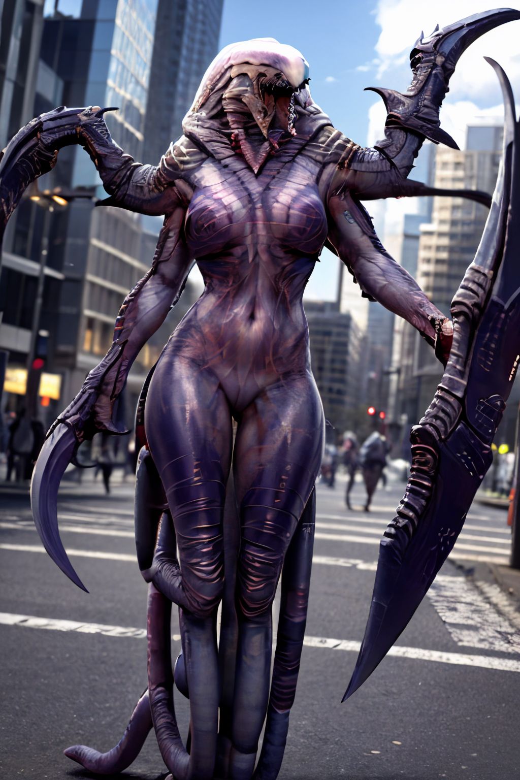 EdobWraithMonsterEvolve, sharp teeth, claws, tentacles, monster, scythe, alien, demon, horror (theme), blade, gigantic breasts, city street background (realistic:1.5), <lora:EdobWraithMonsterEvolve_v1.0:1>