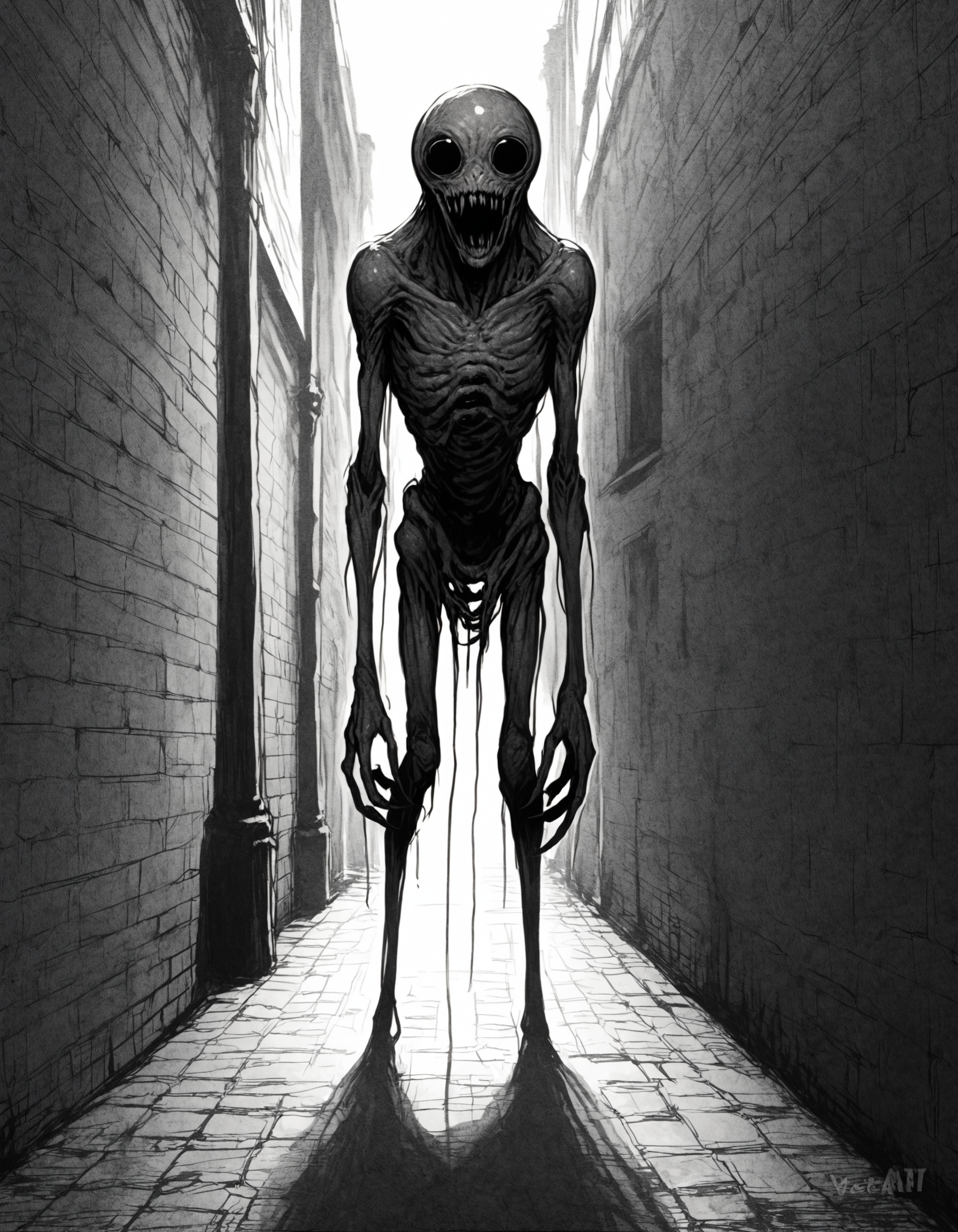 score_9, small mouth, <lora:The_Grey_Ones:0.6> gr4y0ne, connective, horror theme, alien, large black eyes, dark alleyway,