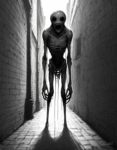 score_9, small mouth, <lora:The_Grey_Ones:0.6> gr4y0ne, connective, horror theme, alien, large black eyes, dark alleyway,