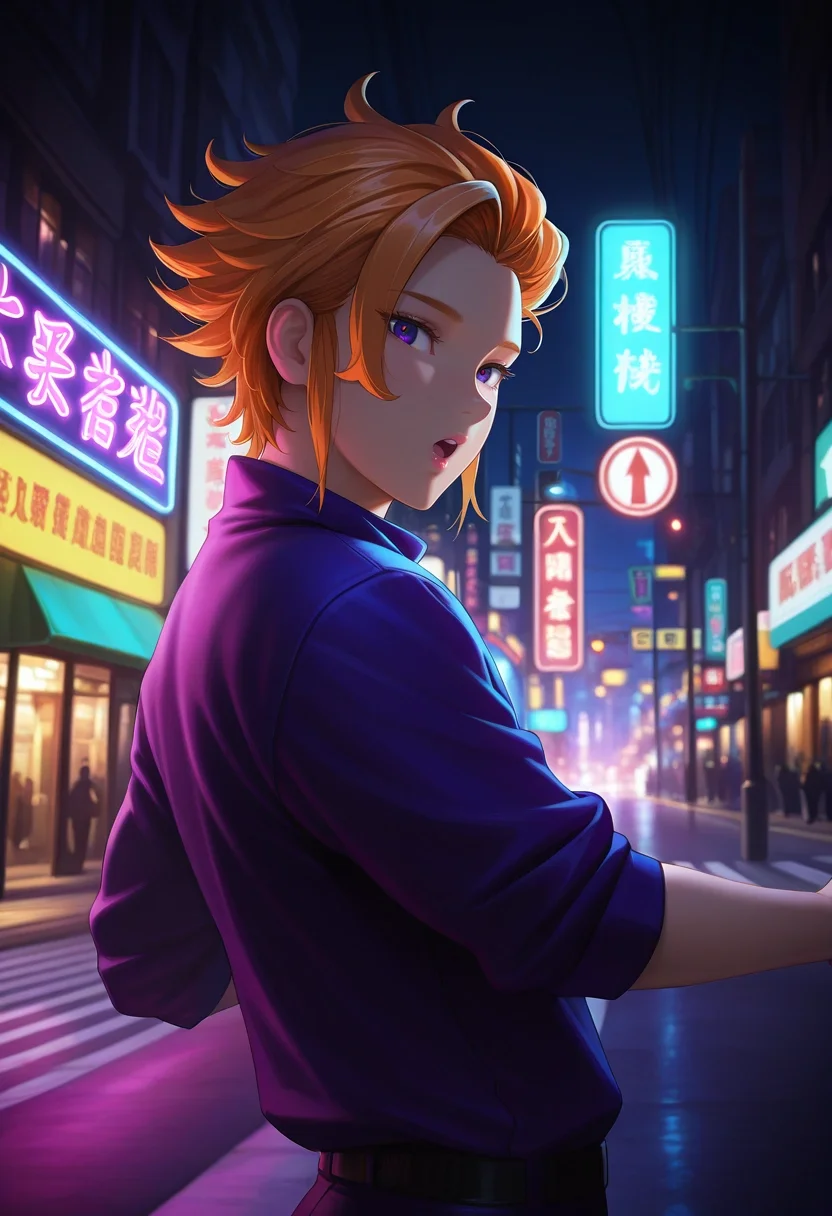 masterpiece, best quality, , (photorealistic:0.6), looking at viewer, 1boy, solo, male focus, <lora:arthur_pendragon_ilxl:0.98>, arthur_pendragon, orange hair, purple eyes, short hair, from side, hong kong \(city\), traffic signals, street lights, neon signs, dark, dancing, :o,