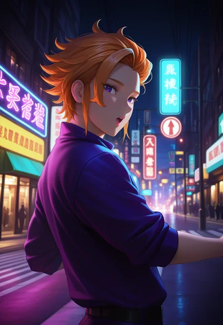masterpiece, best quality, , (photorealistic:0.6), looking at viewer, 1boy, solo, male focus, <lora:arthur_pendragon_ilxl:0.98>, arthur_pendragon, orange hair, purple eyes, short hair, from side, hong kong \(city\), traffic signals, street lights, neon signs, dark, dancing, :o,