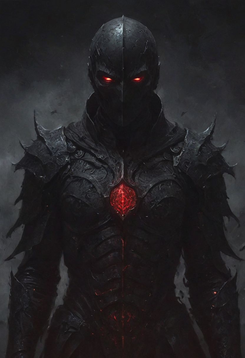 deep endless black, a man standing alone in the void, Eldritch, a knight in armor of the deepest black, tidal waves of crimson, desolation, a mask that hides his essence, evil villain, (high contrast, deep shadows, glowing red accents)
