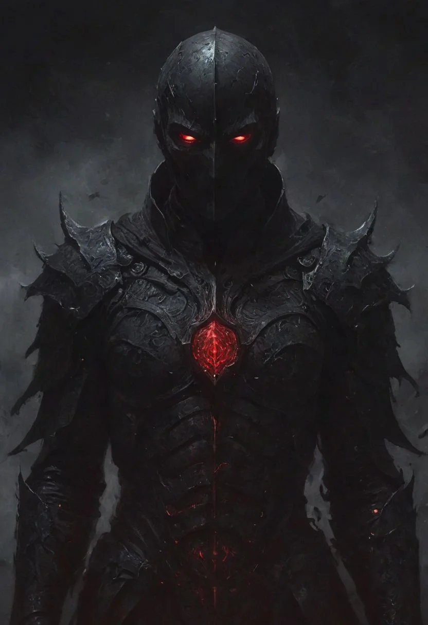 deep endless black, a man standing alone in the void, Eldritch, a knight in armor of the deepest black, tidal waves of crimson, desolation, a mask that hides his essence, evil villain, (high contrast, deep shadows, glowing red accents)