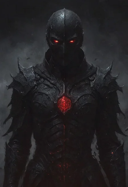 deep endless black, a man standing alone in the void, Eldritch, a knight in armor of the deepest black, tidal waves of crimson, desolation, a mask that hides his essence, evil villain, (high contrast, deep shadows, glowing red accents)