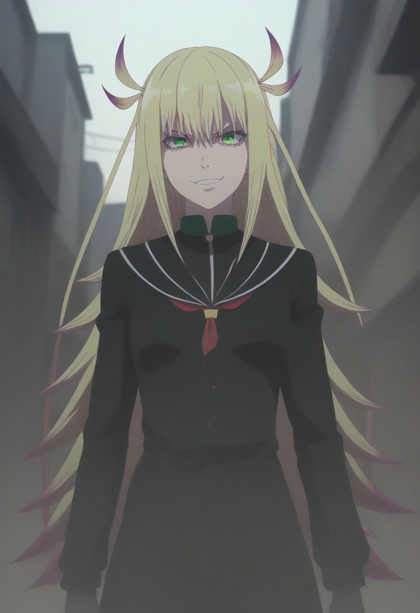 <lora:SlimesKanonIsui:1>, slimes_kanonisui, woman, solo, green eyes, alley background, evil smirk