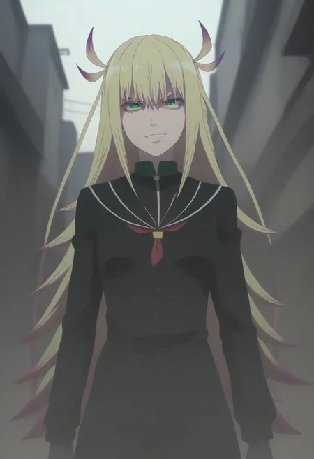 <lora:SlimesKanonIsui:1>, slimes_kanonisui, woman, solo, green eyes, alley background, evil smirk