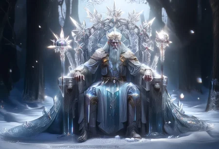 A majestic frost mage seated on an ornately carved crystal throne, their appearance regal and composed, in the center of an enchanted winter forest. The mage wields a beautifully sculpted staff glowing with a soft, ethereal frost light. Surrounding the mage, delicate snowflakes shimmer as icy winds swirl gently, casting a serene yet magical atmosphere. The morning light filters through frosted trees, reflecting off sparkling crystals embedded in the snow. The design emphasizes realism and intricate details, inspired by Alphonse Mucha’s style, with vibrant colors and subtle magical elements. Rendered in 4K UHD, cinematic composition, trending on ArtStation and DeviantArt