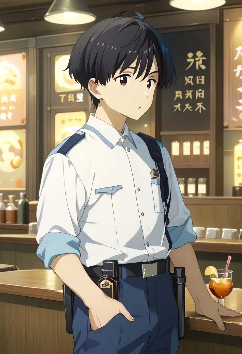 score_9, score_8_up, score_7_up, zPDXL2, 
,
kazuhiko nukumizu, black hair, brown eyes, male Japanese Summer Police Uniform,light-blue collared shirt, rank slides,hip holster,Club,sleeves rolled up,Japanese police emblem,Walkie-Talkie,