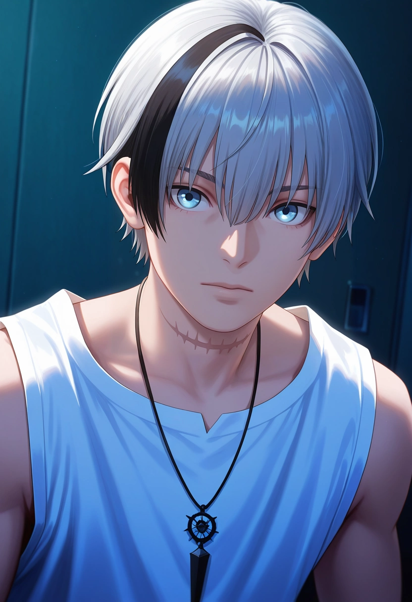 masterpiece, best quality, , (realistic:0.6), looking at viewer, 1boy, solo, male focus, <lora:polka_shinoyama_ilxl:0.9>, polka_shinoyama, grey hair, blue eyes, two-tone hair, multicolored hair, black hair, short hair, hair between eyes, streaked hair, bangs, scar, white shirt, sleeveless, necklace, ,