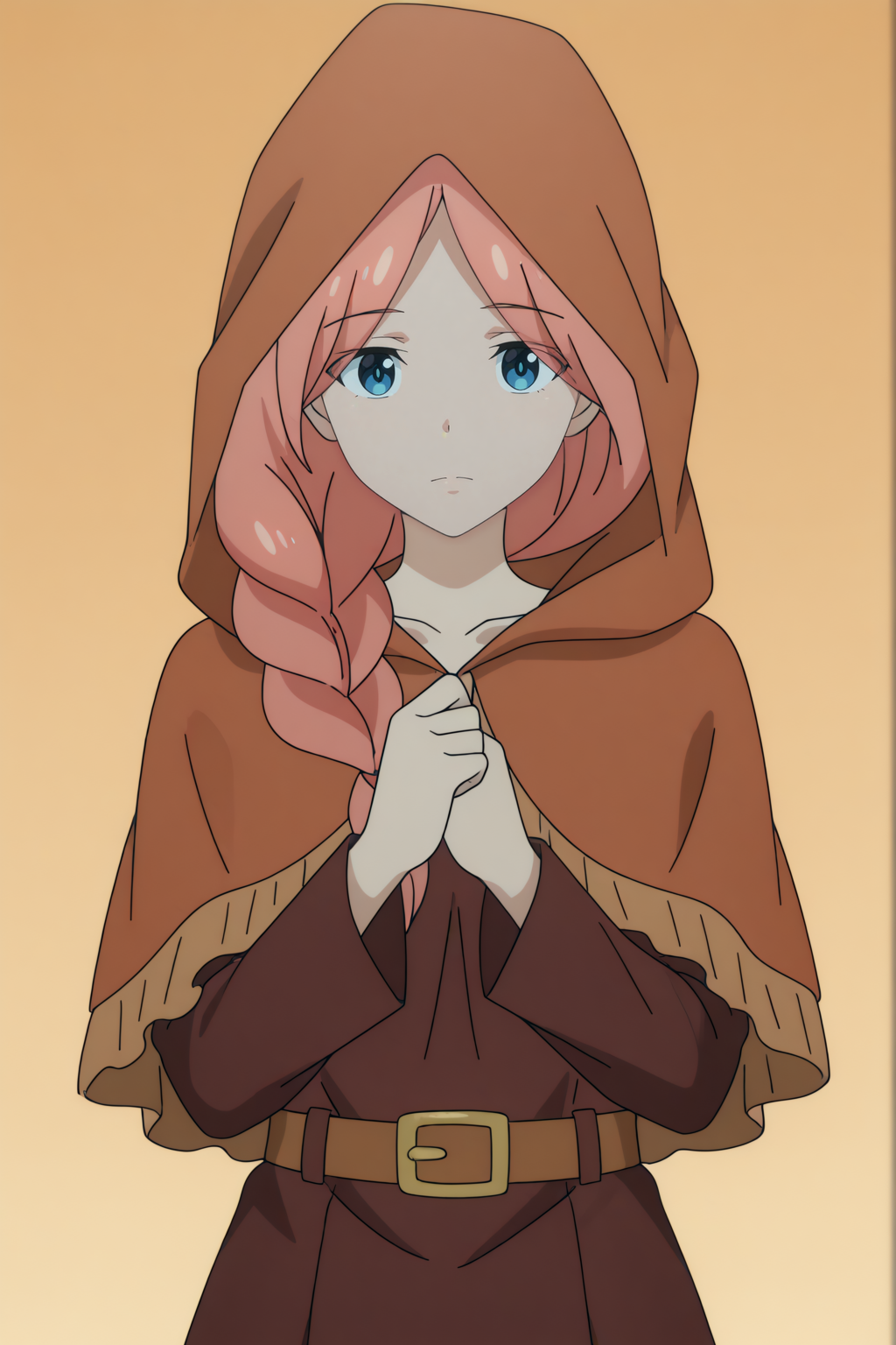 newest, dynamic pose, Shoujo no Haha,  long hair, single braid, dress, hair over shoulder, hood up <lora:Konosuba_Bakuen_-_Travel_Shoujo_-_illustrious:0.8>