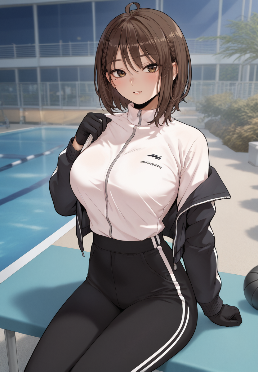 zPDXL3, score_9_up, score_8_up, score_7_up, (Anime_source),Masterpiece,(perfect female body:1.2), small waist,(incredibly detailed:1.4), slim, beautiful fingers, beautiful white skin, Beautiful clear skin, (large breasts:1.4)  thighs, looking at viewer, big breasts, short hair, mole on breast, ahoge,<lora:Kim_Yura_-_An_Invisible_Kiss-Kaleid-PONY:0.8>kimyura, 1girl, brown hair, brown eyes, jacket, gloves, pants, large breasts, facing viewer, gym jacket, black pants, closed clothes, sitting, looking back,