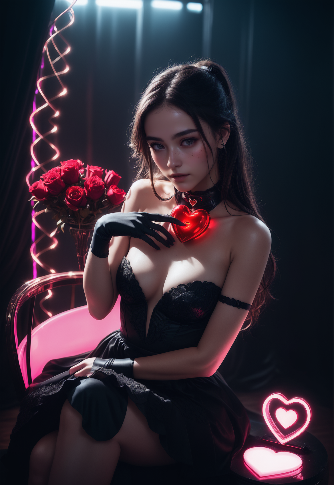 masterpiece, high quality,, Heijzel, black choker, night dress <lora:HeijzelSDXL-000005:0.85>,heijzel sitting on a heart seat in a reij-mg room, dark ambient light, neon lights <lora:reij-moderngothic-000006:0.7>,, upper body view, holds a heart in her hand