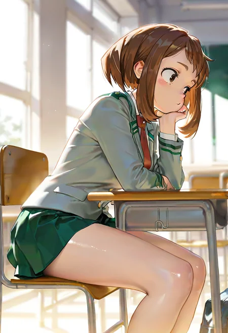 masterpiece, best quality, amazing quality, very aesthetic, absurdres, newest, scenery, volumetric lighting, depth of field, shiny skin,
1girl, uraraka ochako, winsch, blazer, red necktie, green skirt,
sitting, school desk, school chair,
hand on own chin, elbow on table,
classroom,
masterpiece, best quality, amazing quality, very aesthetic, absurdres, newest, scenery <lora:Uraraka_Ochako_illustrious-XL:1>