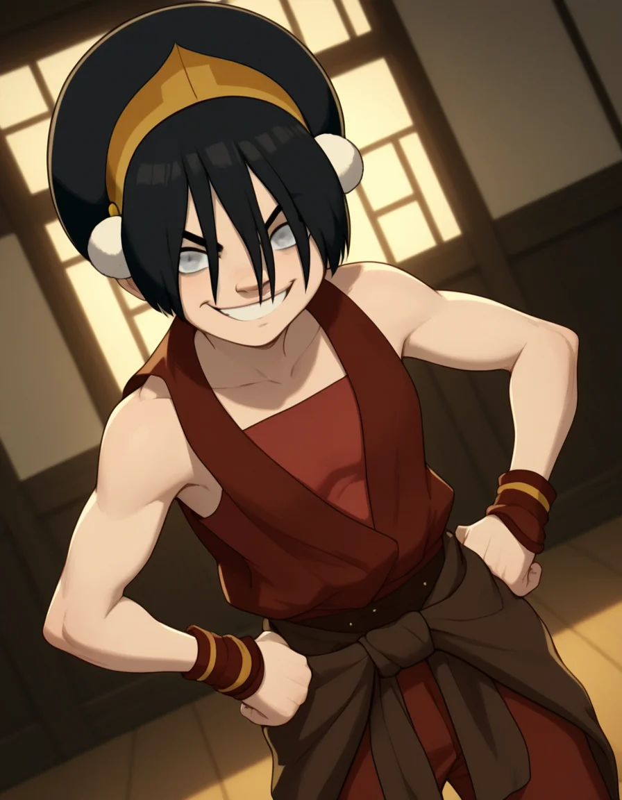 score_9, score_8_up, score_7_up, source_anime, <lora:toph-beifong-book2book3-ponyxl-lora-nochekaiser:1>, toph beifong, black hair, hairband, blind, grey eyes, hair between eyes, short hair,, shirt, sleeveless, red shirt, collarbone, bare shoulders, red pants, clothes around waist, gold hairband,, indoors, smug, smile, looking at viewer, solo, hands on hips,, cowboy shot, dutch angle