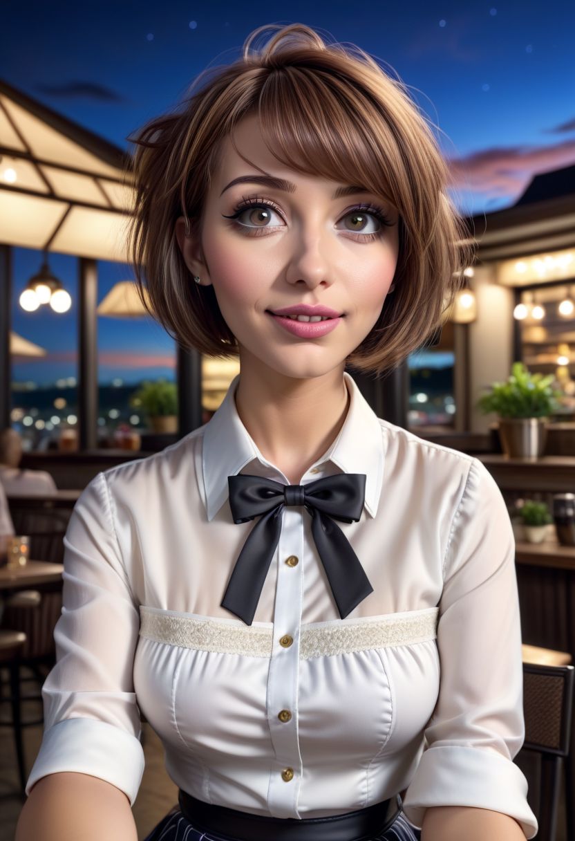 (8k, RAW photo, best quality, masterpiece:1.2), (realistic, photo-realistic:1.37), ultra-detailed,
1 girl, cute, solo,beautiful detailed sky,detailed cafe, night, sitting, dating,(smile:1.1),(closed mouth)
medium breasts, detailed face, detailed eyes, (collared shirt:1.1), bowtie, pleated skirt, (short hair:1.2),