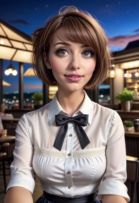 (8k, RAW photo, best quality, masterpiece:1.2), (realistic, photo-realistic:1.37), ultra-detailed,
1 girl, cute, solo,beautiful detailed sky,detailed cafe, night, sitting, dating,(smile:1.1),(closed mouth)
medium breasts, detailed face, detailed eyes, (collared shirt:1.1), bowtie, pleated skirt, (short hair:1.2),