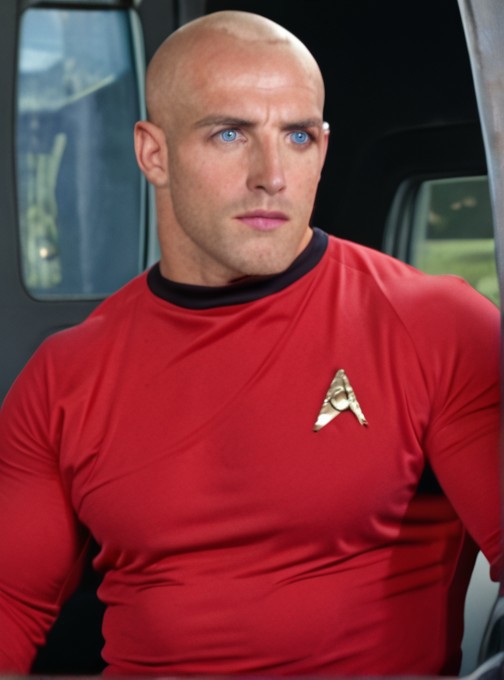1boy, 20 year old male, Handsome, masculine, blonde, star trek, red shirt, muscle,  tall, tight shirt, wide pectorals, big shoulders, wide shoulders, muscular neck, German, bald, big pale blue eyes, skin tight shirt,

stunf, star trek uniform,