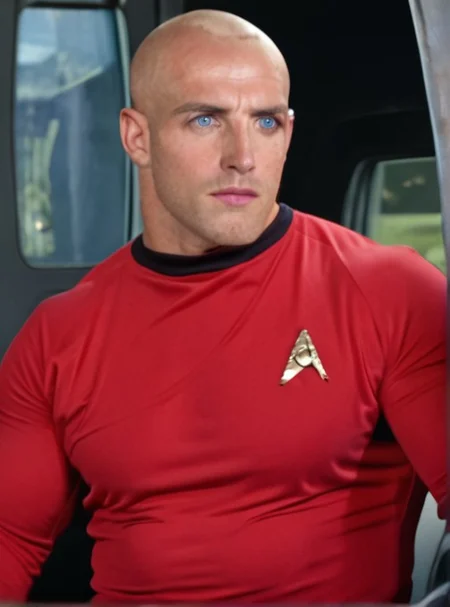 1boy, 20 year old male, Handsome, masculine, blonde, star trek, red shirt, muscle, tall, tight shirt, wide pectorals, big shoulders, wide shoulders, muscular neck, German, bald, big pale blue eyes, skin tight shirt,
stunf, star trek uniform,