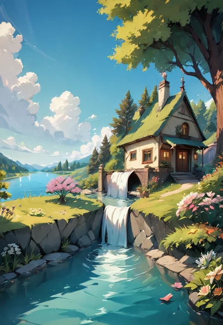 masterpiece,best quality, highly detailed, score_9, score_8_up, score_7_up, score_6_up,source_Anime,<lora:xl_more_art-full_v1:0.8>,half body
BREAK
 <lora:lightXL:0.8>neolight,scenery, outdoors, tree, bridge, day, water, sky, river, house, building, blue sky, watermark, plant, nature, flower