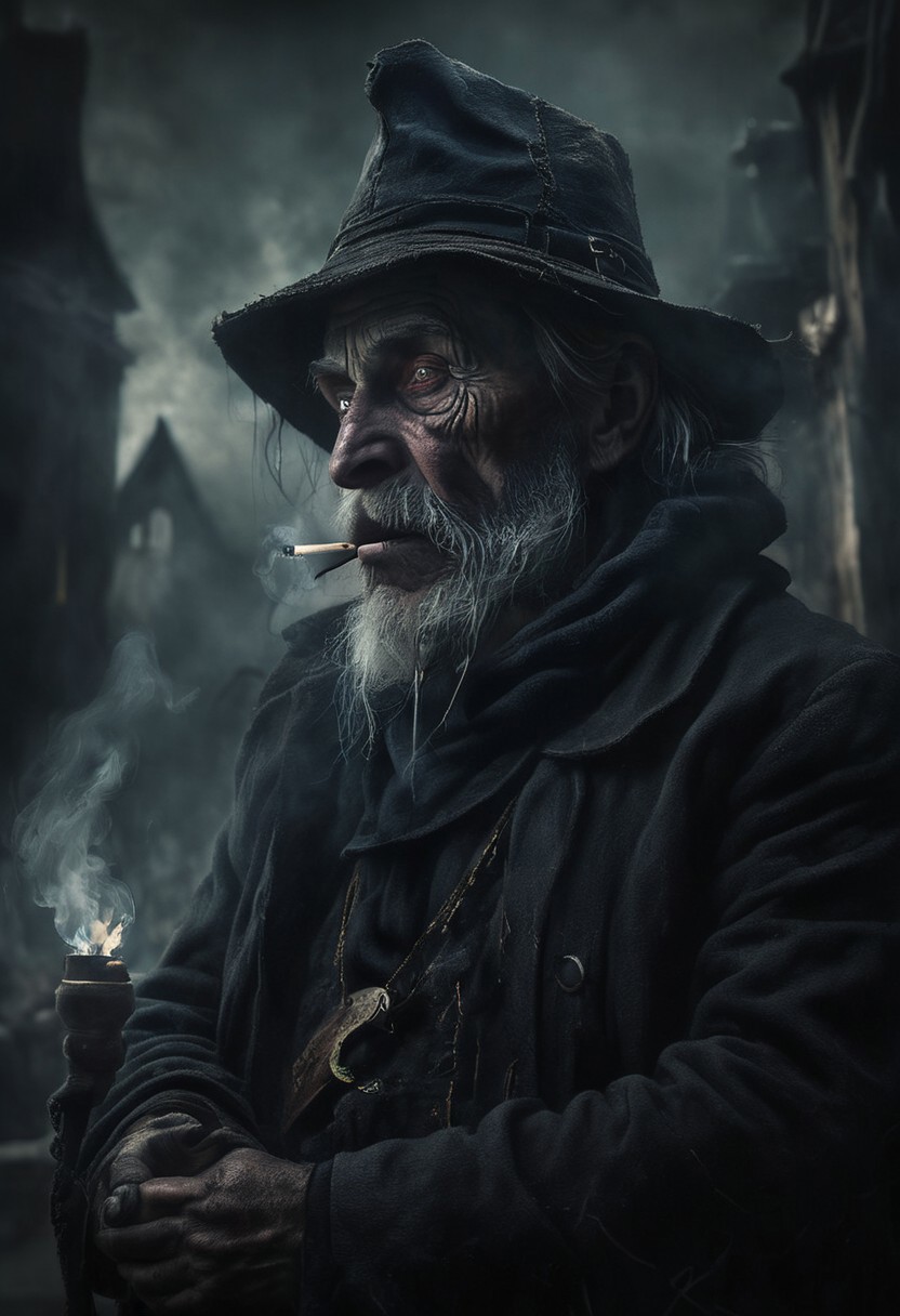 Dark dreams, Eerie reality, Horror, Darkness,
an old fisherman with a weathered face smoking a pipe on the quayside painting, extreme close up, portrait,