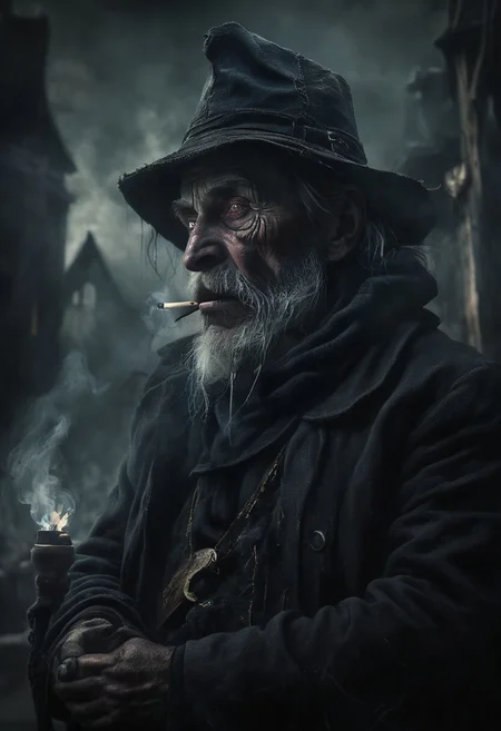 Dark dreams, Eerie reality, Horror, Darkness,
an old fisherman with a weathered face smoking a pipe on the quayside painting, extreme close up, portrait,