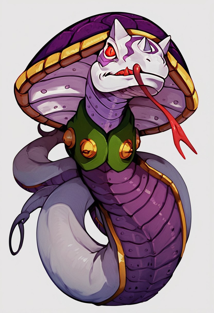 (score_9, score_8_up, score_7_up, score_6_up, score_5_up, score_4_up), source_cartoon, dark lighting, (high quality), (high resolution), 4k, Sandiramon, monster, cobra, white skin, red eyes, pupiless eyes, three horns, purple shell, purple marks, purple armor, gold trim, green chest plate,