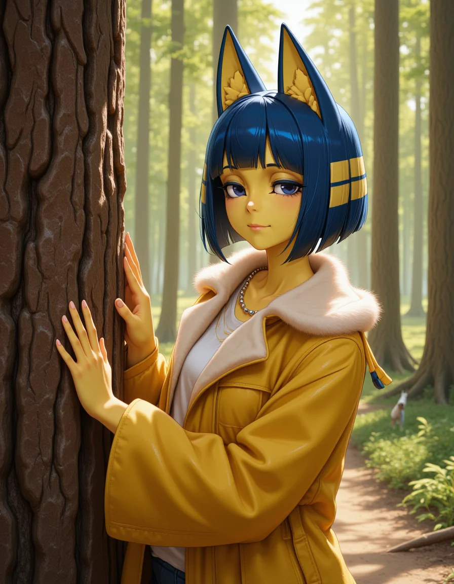 Semi-Realistic Style in a wide shot. Looking at viewer, outdoors in daylight, explicit
She is a 25 year old mature woman, and adult, Sympathetic with a soft gaze, a gentle smile, and a reassuring hand on someoneâs shoulder. 
<lora:Animal_Crossing_-_Ankah_V2_000030:1> she is an  egyptian woman with yellow skin, with cat ears. Blue hair in a bob cut with blunt bangs, she is a furry female with a cat tail. Wearing a
Faux fur coat with an oversized collar, soft texture, and a flowing design
A woman stands beside a tall, ancient tree, placing her hand on its rough bark as she takes in the surrounding forest, the leaves rustling softly in the wind.