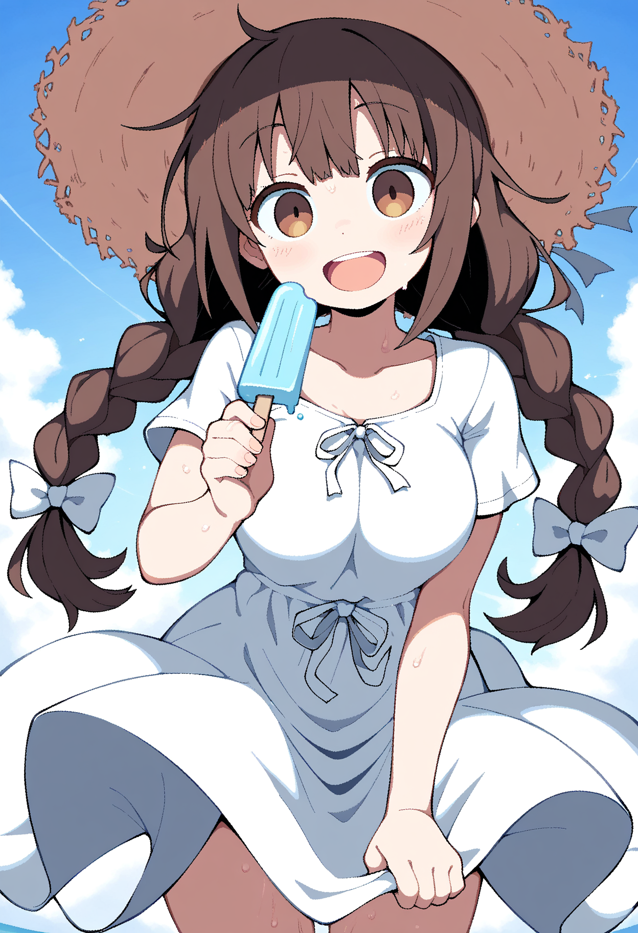 masterpiece,best quality,amazing quality,
1girl, straw hat, solo, hat, food, popsicle, dress, twin braids, braid, open mouth, brown hair, long hair, sun hat, smile, brown eyes,looking at viewer, bow, white dress, holding, short sleeves, breasts, ribbon, hair bow, :d,
<lora:AverageHanzo_epoch_10:1>