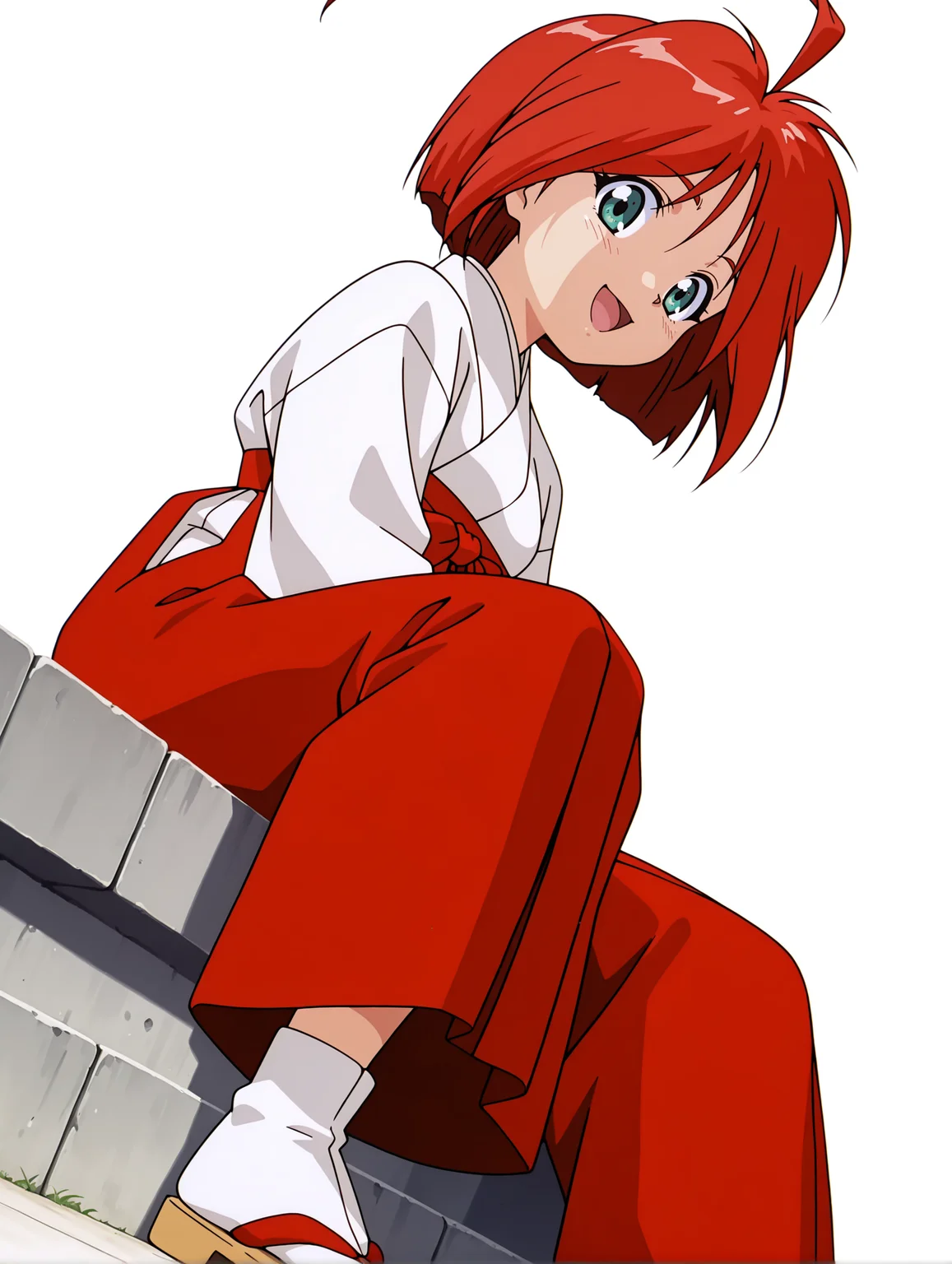 masterpiece,best quality,amazing quality,
1girl,solo,
anime screencap,<lora:hinageshi_ilxl_v1.1:1>,hinageshi,ahoge,green eyes,h_clothes,miko,red hakama,tabi,zouri,
<lora:Fixhands_anime_bdsqlsz_V1:1>,dynamic_angle,cinematic_angle,white_background,simple_background,:d,looking_at_viewer,dutch angle,sitting_on_rock,