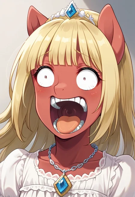 score_9, r0ug3, white dress, necklace, source_pony, ntm, <lora:enel-face-ponyxl-lora-nochekaiser:1> enel face, open mouth, wide-eyed, teeth, tongue,