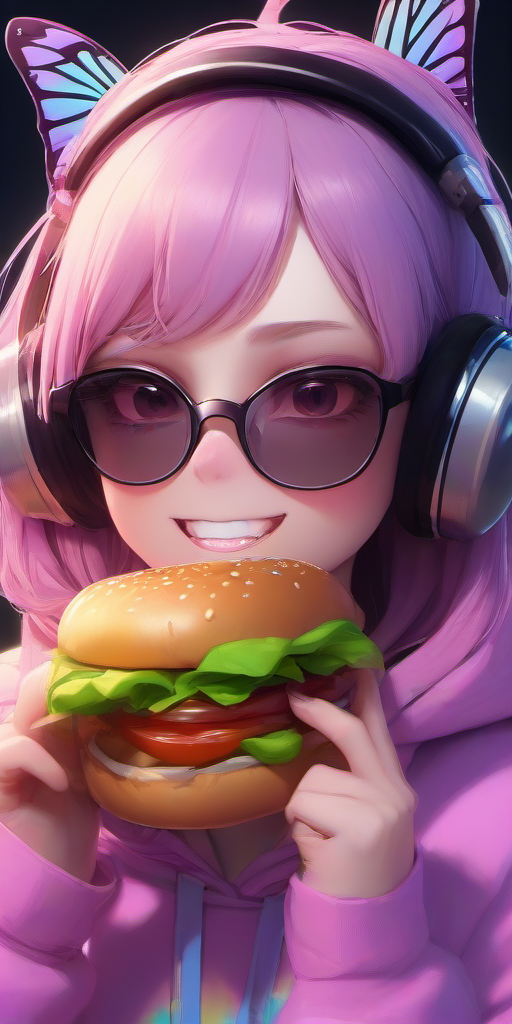 Masterpice,High Quality,portrait,3d,3d animation,
 <lora:PE_ButterflyLady:0.7> PEButterflyLady, 
wearing a hoodie,headphones,sunglasses,eating a hamburger