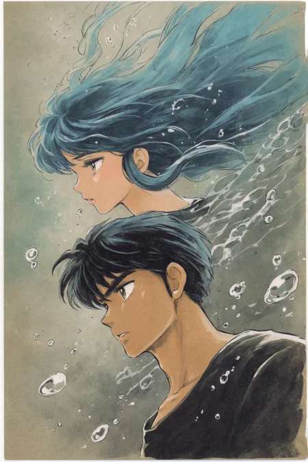 1girl,1boy,dark skin,long hair,bubble,black hair,short hair,border,blue hair,dark-skinned male,upper body,shirt,white border,profile,parted lips,underwater,black shirt,floating hair,air bubble,traditional media,<lora:Takahashi Rumiko_XL:0.8>,