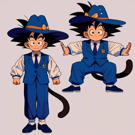 score_7_up, score_8_up, score_9, masterpiece, (1boy, solo,)perfect face, perfect hands, high quality, source_anime, son goku, black hair, black eyes, spiked hair, monkey tail, male child,(chibi), blue headwear, hat, formal, blue suit, white shirt, collared shirt, spiked hair, blue necktie, shoes, standing, front view,  cartoon, t pose, plain background, smile, spread arms