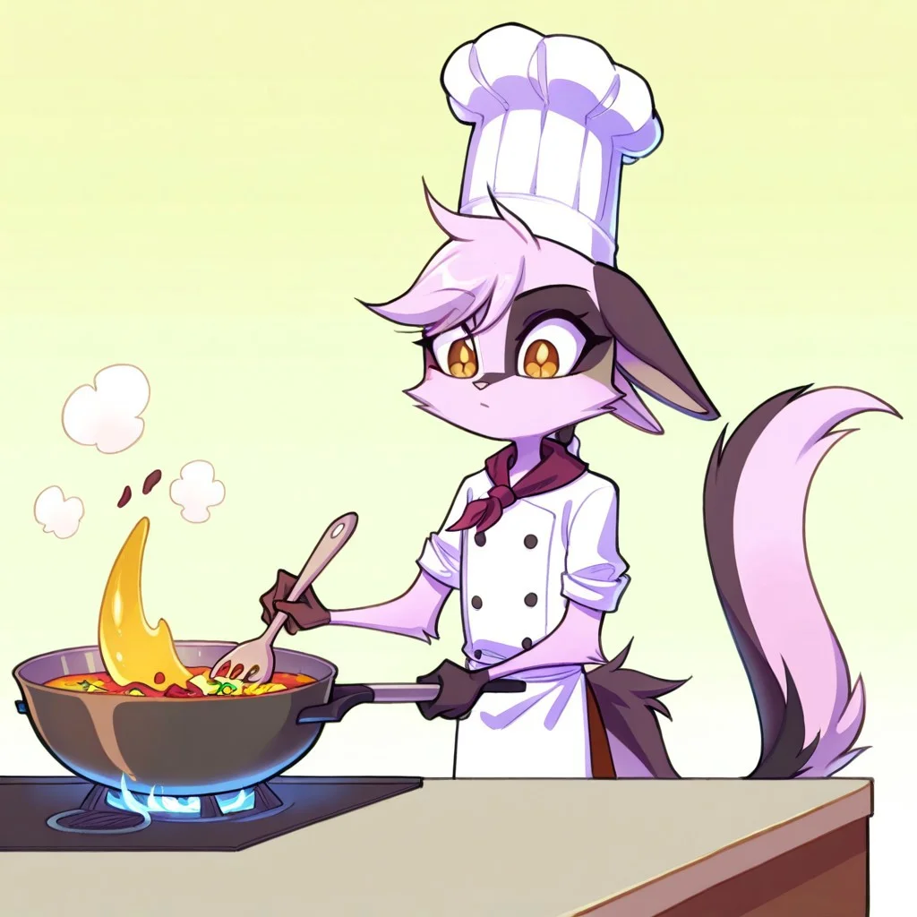 1girl,solo,furry,pink fur,tail,ears,source_furry,
,<lora:Viriathus_Vayu_illustrious:0.8>,
child, kid, vianling, genshin impact, cooking, chef hat, food