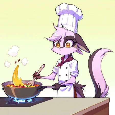 1girl,solo,furry,pink fur,tail,ears,source_furry,
,<lora:Viriathus_Vayu_illustrious:0.8>,
child, kid, vianling, genshin impact, cooking, chef hat, food