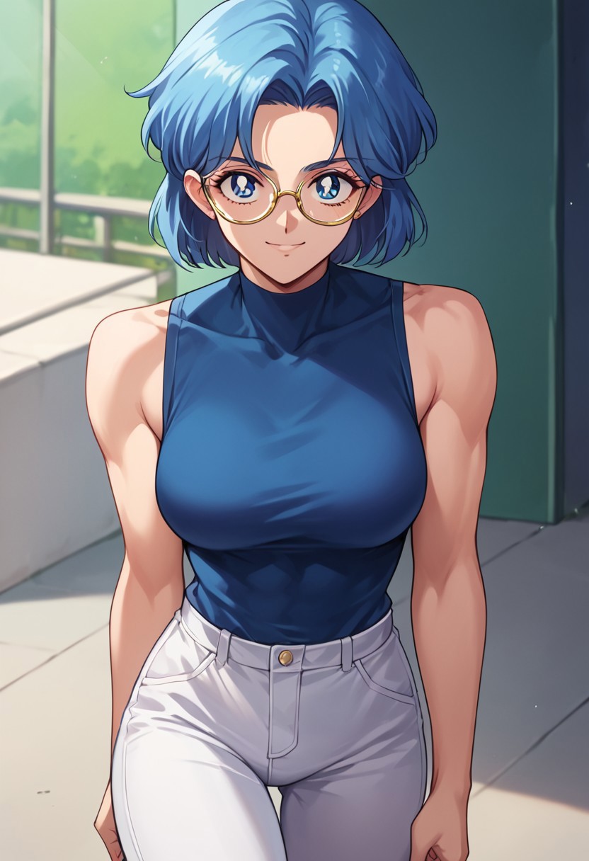 (masterpiece), best quality, a 19 year old girl with (long blue capri hair) and blue eyes, she wears a navy blue sleeveless shirt, white pants and glasses, she has a little muscle, smiling, score_9, score_8_up, score_7_up, source_anime, score_9, score_8_up, score_7_up, sm90s