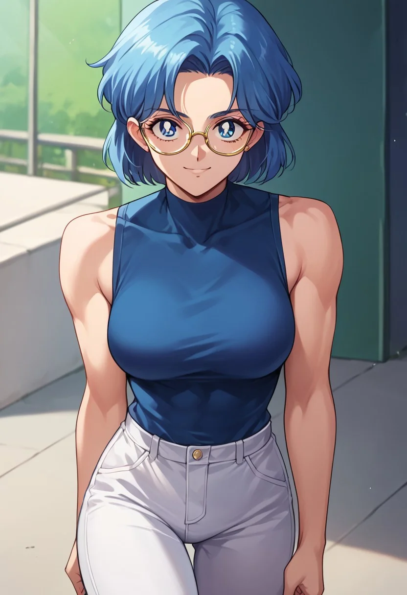(masterpiece), best quality, a 19 year old girl with (long blue capri hair) and blue eyes, she wears a navy blue sleeveless shirt, white pants and glasses, she has a little muscle, smiling, score_9, score_8_up, score_7_up, source_anime, score_9, score_8_up, score_7_up, sm90s