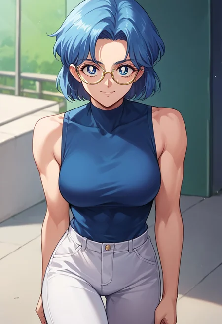 (masterpiece), best quality, a 19 year old girl with (long blue capri hair) and blue eyes, she wears a navy blue sleeveless shirt, white pants and glasses, she has a little muscle, smiling, score_9, score_8_up, score_7_up, source_anime, score_9, score_8_up, score_7_up, sm90s