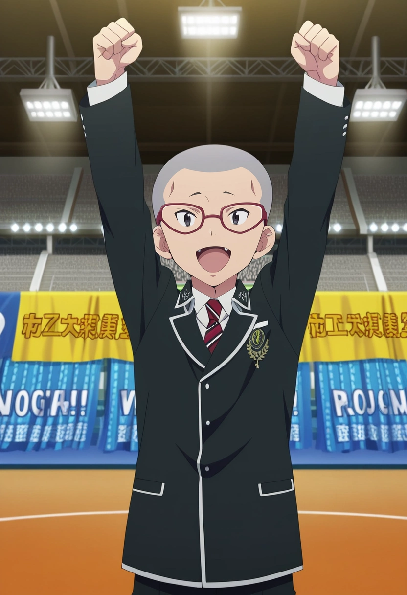 masterpiece, best quality, anime screencap, official style, anime coloring, cowboy shot, 1boy, solo, male focus, <lora:konekomaru_miwa_ilxl:0.98>, konekomaru_miwa, grey hair, black eyes, very short hair, glasses, red-framed eyewear, black jacket, red necktie, sports arena, roaring crowds, bright floodlights, vibrant banners, cheering pose, excited expression, energetic glow, french costume