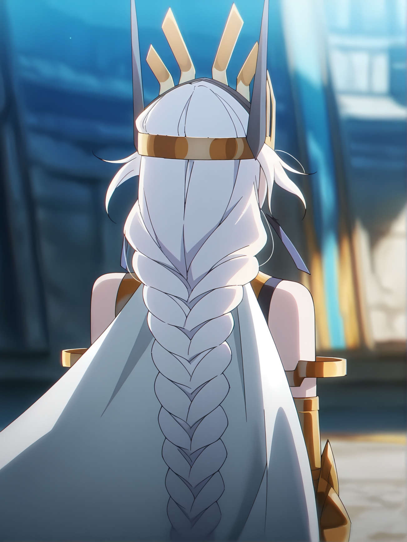 <lora:Queen:0.8>queen, 1girl, solo, white long braided hair, gold crown, bare shoulders, gold armored arms, white cape, standing, arms at sides, turned back, from behind, upper body, blurry background, fantasy arena
