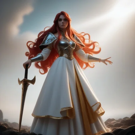 score_9, score_8_up, score_7_up, score_6_up, score_5_up, score_4_up, rating_safe, warrior princess, pmg style, beautiful woman, dramatic red hair, long flowing hair, lenore, devious expression, porcelain armour, gold sword, SwordPlanted, standing, sword in hand, sword planted, weapon, dynamic style, rim lighting, hd photo, shadows