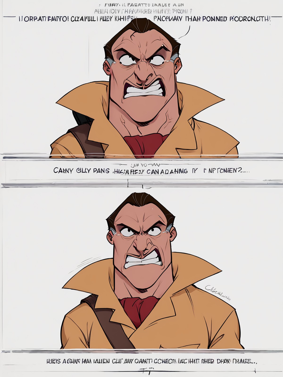 <solo:1.5>,
<1boy:1.5>,
clayton_tarzan, clayton_hunter, human, male, 1boy, male focus, solo, upper body, shirt, parody, meme, colored skin, short hair,
<white background:1.5>,
<simple background:1.5>, 
<lora:Clayton_Tarzan:1.25> clayton_tarzan, <lora:LineArt Mono Style LoRA_Pony XL v6:1>, angry,
teeth,
clenched teeth,
pop vein,