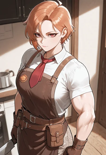 , (score_9, score_8, score_7), masterwork, masterpiece, best quality, beautiful face, detailed face, beautiful eyes, detailed eyes, Ingrid01, muscular woman, broad shoulders, toned arms, short fluffy orange hair, side-swept bangs, sharp eyes, confident expression, white short-sleeved shirt, red necktie, brown leather apron, brown tool belt, leather gloves, herringbone-patterned pants, utility pouch, brown boots, black wristband,