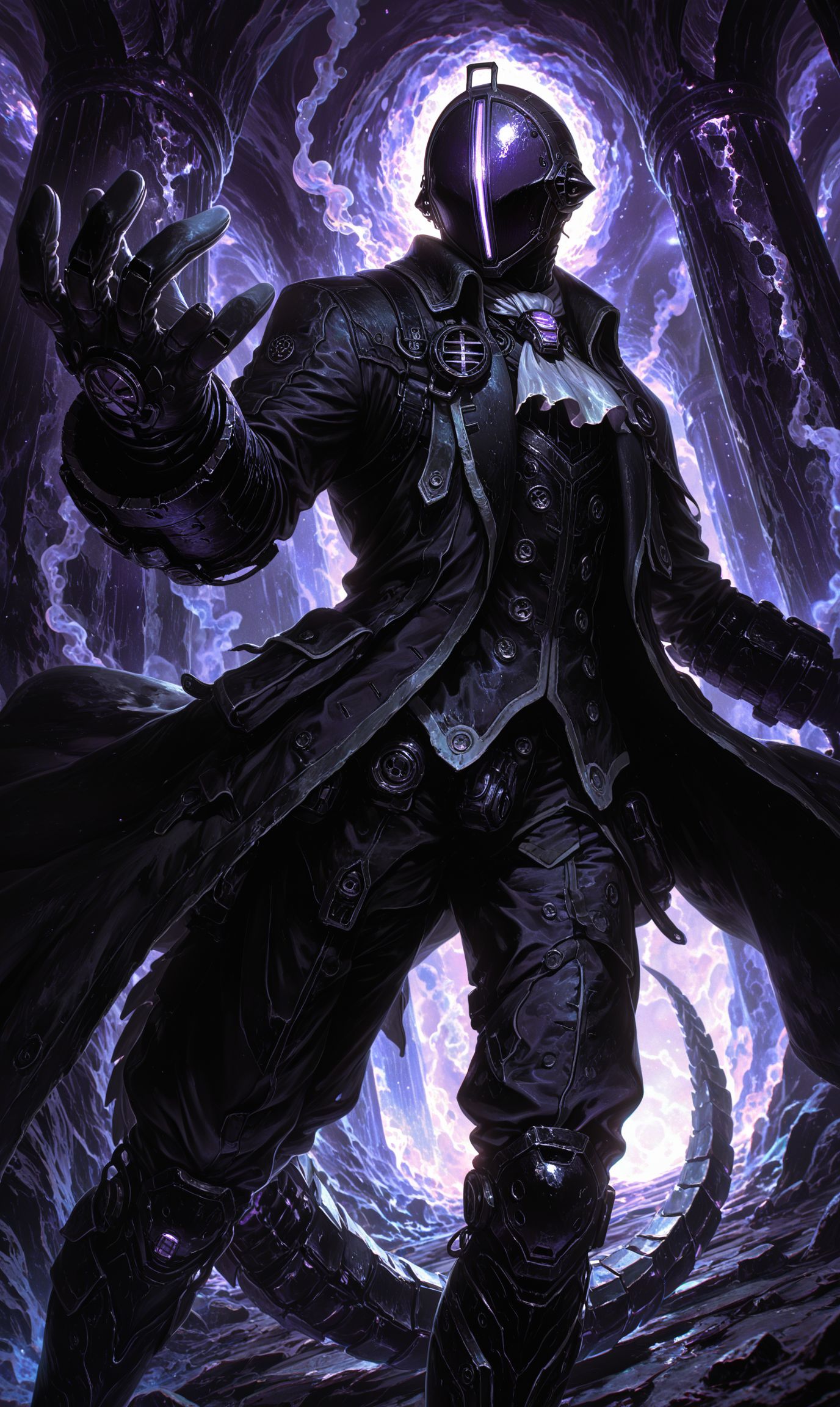 masterpiece, best quality, very awa, absurdres, highres, ultra-detailed, 8K,  CG, official art, artist:mon_(monmon2133), chromatic aberration, high contrast, color contrast, cold colors, gritty,
Bondrewd, made in abyss, male, black coat, overcoat, ascot, black gloves, helmet, masked, long sleeves, black boots, black pants, outstretched arms, wide angle, incoming attack, attacking pose, foreshortening, hand down, claw,
dark purple background, pillar, purple and black theme,  purple smoke, underground facility, mechanical lizard tail, 1hand up, glowing, glowing mask, 
bokeh,  (dramatic angle,  dynamic angle:2), light rays, hard lighting, Backlit lens flare, vignetting, <lora:spo_sdxl_10ep_4k-data_lora_webui:0.6>  <lora:748cmSDXL:0.3> <lora:mon_monmon2133:0.4><lora:noobai_vpred_1_masterpieces_v1:0.5> <lora:bestdad:0.5><lora:cfg_scale_boost:0.3>